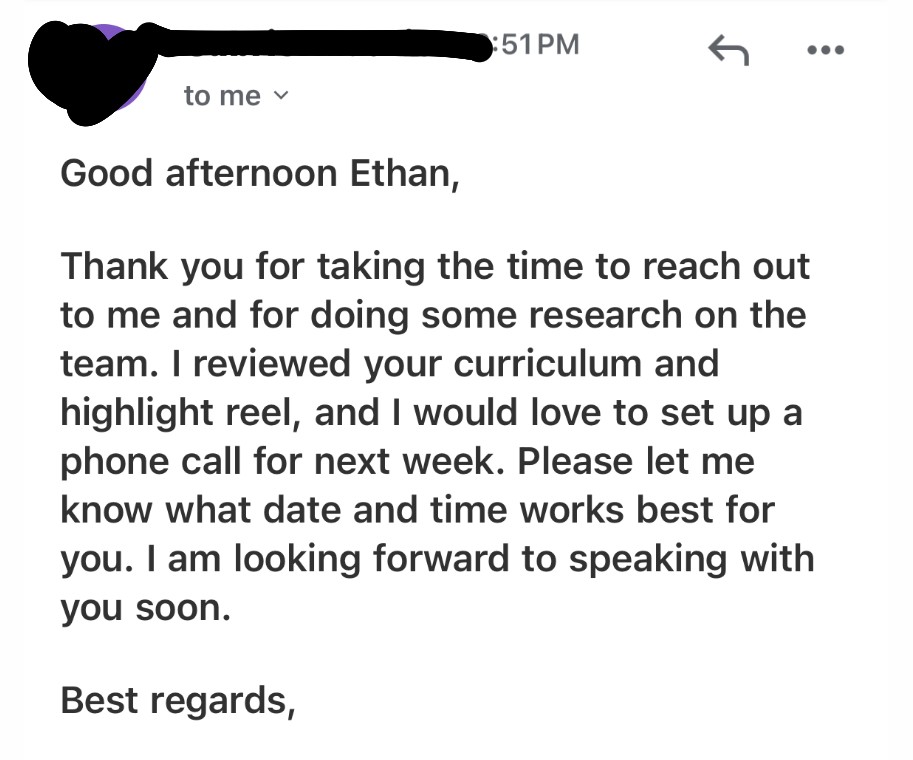 College coach reply asking to set up a phone call after reviewing highlight reel