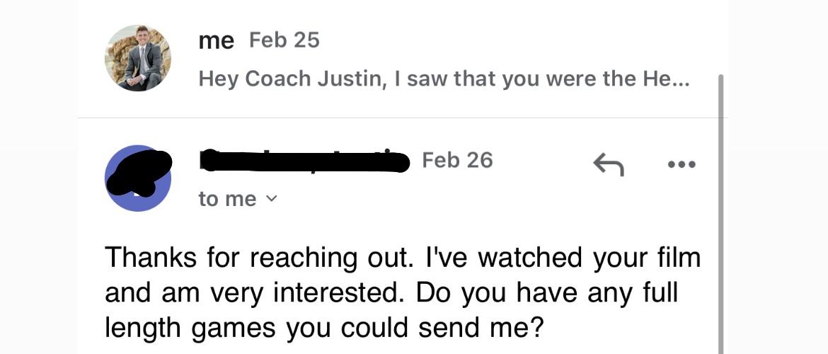 Head men's soccer coach reply asking for full length game film