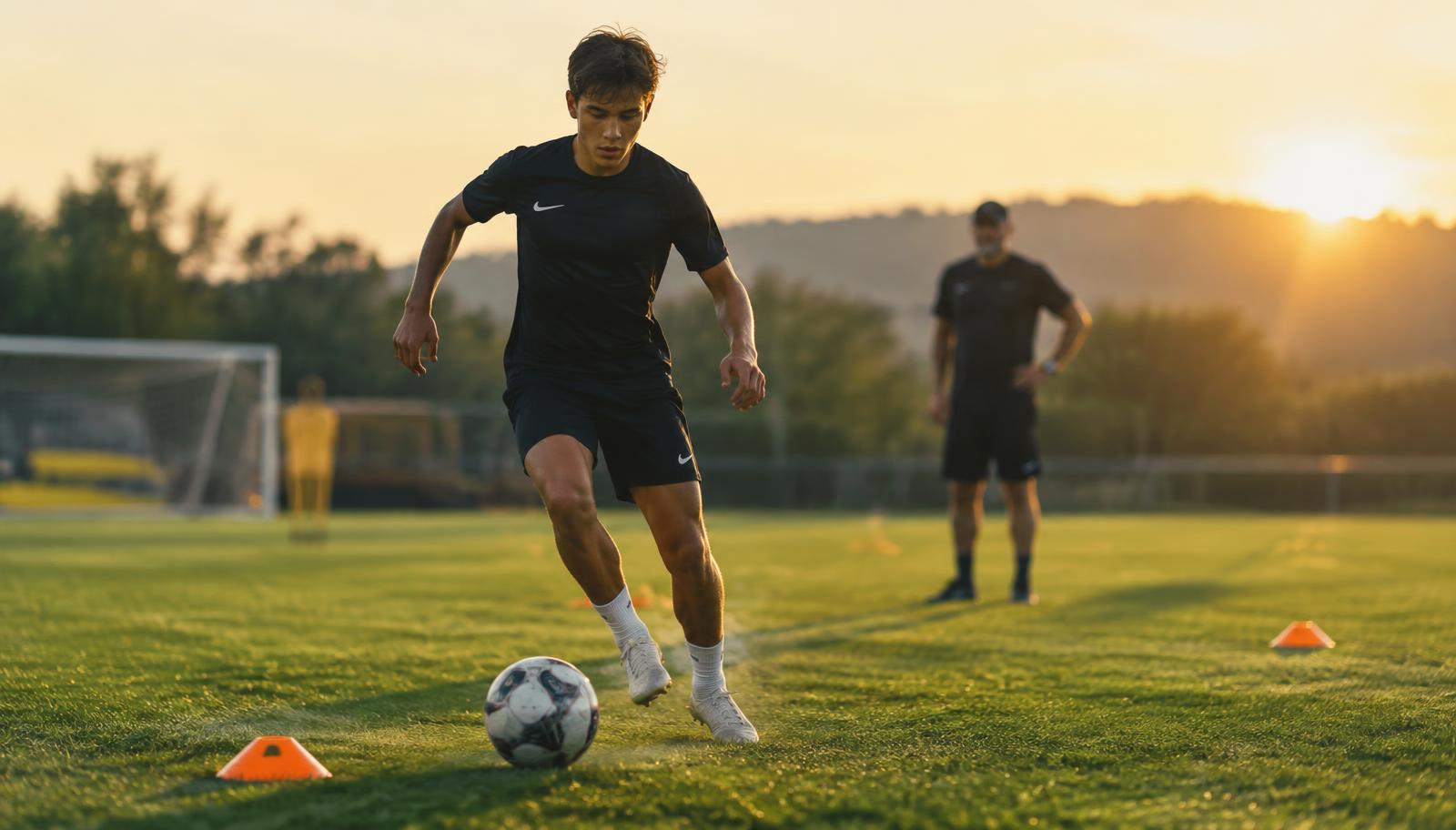 Young soccer player dribbling through cones during a private training session